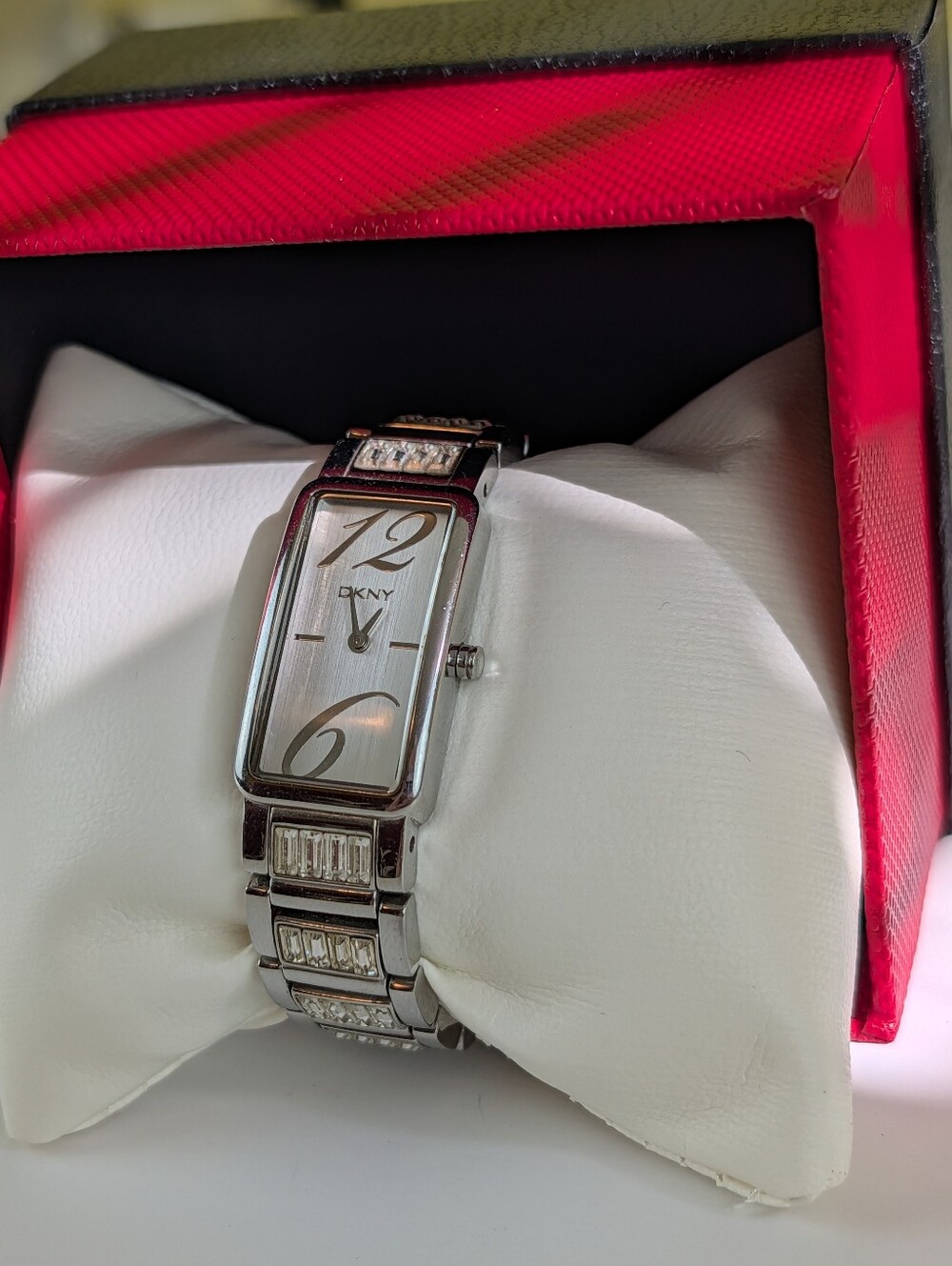 DKNY Women's Silver-Tone Rectangular Crystal Accent Dress Watch